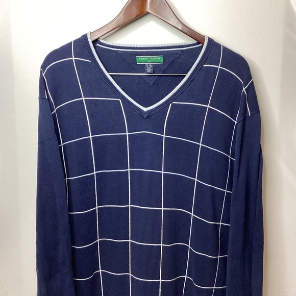 Tommy Hilfiger‎ Golf Sweater Mens XL Blue White Grid V Neck Pullover - Picture 2 of 13